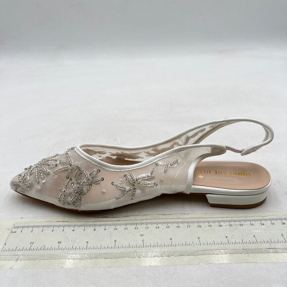 White Beaded Mesh Slingback Pointed Toe Slip On Low Heels Casual Work Pump - Picture 1 of 7